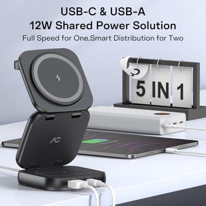 5-in-1 Wireless Charger for MagSafe, AC ISLAND Portable Travel Charging Station, 35W Max Qi2 Fast Foldable Magnetic Stand, Evolved for iPhone 17-12 Series, Apple Watch, AirPods (with 35W Adapter) - color: Black