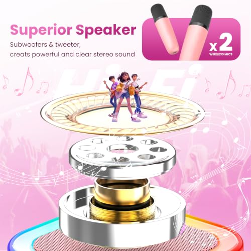 Mini Karaoke Machine, Portable Bluetooth Speaker & 2 Wireless Microphones | Karaoke Player Karaoke Microphone For Family Home Party Outdoor With HI-FI Sound | 5 Magic Sound | PA System | USB | TF | AUX - color: Pink