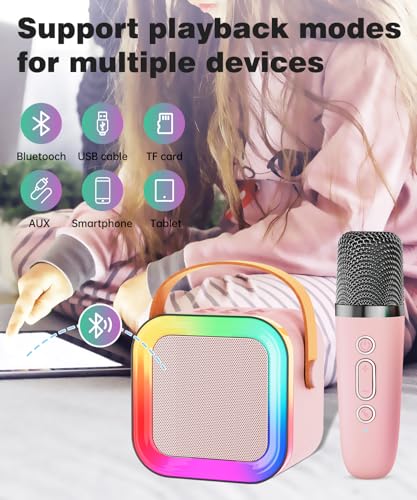 Mini Kids Karaoke Machine Ages 3-12, Wireless Mics Bluetooth Speaker, Pink | LED Party Lights, Voice Changer, Duets, BT 5.3, Rechargeable Portable, Birthday Christmas Toys & Gifts for Boys & Girls - color: Pink - 1 Mic