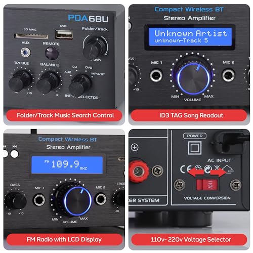 Pyle Wireless Bluetooth Power Amplifier System- 200W Dual Channel Sound Audio Stereo Receiver w/USB, SD, AUX, MIC w/Echo, Radio, LCD - Home Theater Entertainment via RCA, Studio Use, Black - PDA6BU.6 - color: Matte