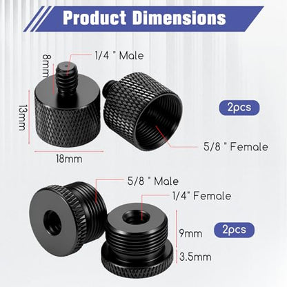 4 PCS Mic Stand Adapter, 5/8 Female to 1/4 Male and 1/4 Female to 5/8 Male Screw Thread Set, Microphone Tripod Adapter for Mic Stand Boom Arm Camera