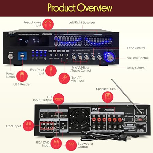 Pyle Bluetooth Hybrid Home Amplifier - 6-Channel 2000W Rack Mount Power Amplifier Receiver w/ Radio - Dual 10 Band EQ, Karaoke Microphone x2, USB, RCA, COAX, OPT, DVD Inputs, HiDef Input and Output