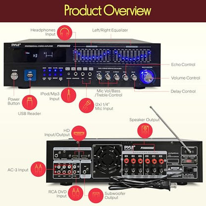 Pyle Bluetooth Hybrid Home Amplifier - 6-Channel 2000W Rack Mount Power Amplifier Receiver w/ Radio - Dual 10 Band EQ, Karaoke Microphone x2, USB, RCA, COAX, OPT, DVD Inputs, HiDef Input and Output