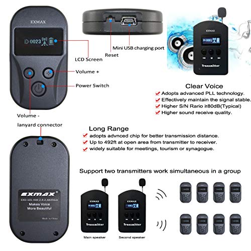 EXMAX EXD-101 2.4G Wireless Voice Transmission System Church Translation Equipment Translator Device for Tourism Museums - 2 Transmitters 15 Receivers & 16-Port Charge Station & Black Storage Case