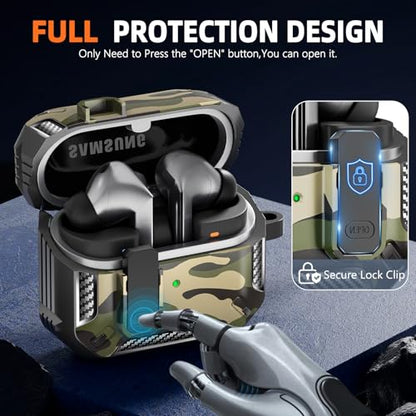 Safety Lock Case for Samsung Galaxy Buds3 FE/3/3 Pro (C-Green) | with Secure Lock Clip & Cleaning kit Full Body Shockproof Carbon Fiber Protection Design - color: B-C-green