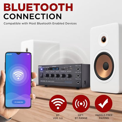 Pyle Compact Mini Home Power Amplifier - 40W Smart Small Audio Stereo Receiver w/ AUX 2 Microphone IN COM/8-Ohm/25V/70V Speakers LED Input Selector For PA Amplified Speaker Sound System - PCM20A - size: 40 Watts