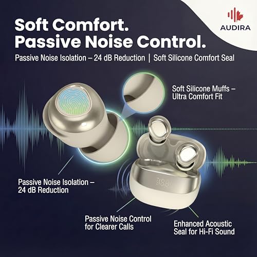 AUDIRA Mini Wireless Sleep Earbuds for Side Sleepers, Bluetooth 5.4 in-Ear Ear Buds with Noise Cancelling, IPX4 Waterproof Headphones, Touch Control, Digital Display Charging Case – Biege - color: Beige