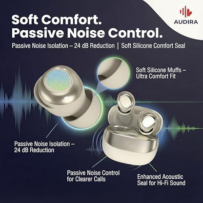 AUDIRA Mini Wireless Sleep Earbuds for Side Sleepers, Bluetooth 5.4 in-Ear Ear Buds with Noise Cancelling, IPX4 Waterproof Headphones, Touch Control, Digital Display Charging Case – Biege - color: Beige