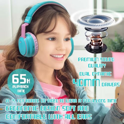 Mokata Kids Headphones Bluetooth 5.3 Wireless Lightweight Fast Charging 68 Hours Play Time Volume Limited 85/94dB Over Ear Foldable with Built-in Mic for Toddler Boy Girl Tablet Pad Cyan - color: Cyan