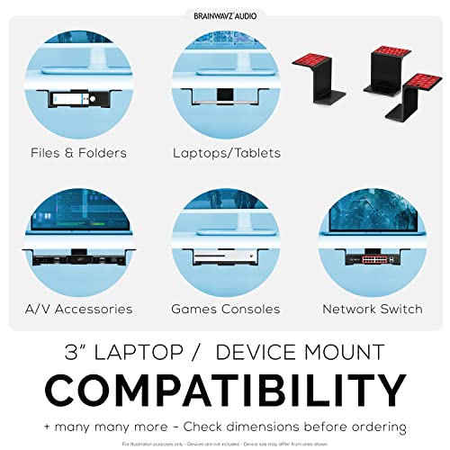 BRAINWAVZ 3” Under Desk Laptop & Device Holder Mount, Adhesive & Screw in, Devices Upto 3" - Small Computers Laptops MacBook Surface Keyboard Routers Modems Cable Box Network Switch & More (Black) - color: Black