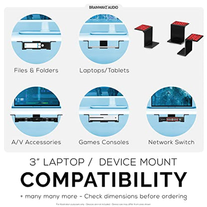 BRAINWAVZ 3” Under Desk Laptop & Device Holder Mount, Adhesive & Screw in, Devices Upto 3" - Small Computers Laptops MacBook Surface Keyboard Routers Modems Cable Box Network Switch & More (Black) - color: Black