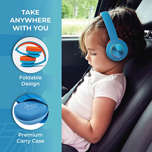 PowerLocus PLED Kids Bluetooth Headphones, Kids Wireless Headphones with LED Lights, 74/85/94dB Safe Volume, Micro SD, AUX Cable, Hi-Fi Stereo, Built-in Mic Over Ear Kid Headphone for Travel/Tablet/PC - color: Blue/Orange