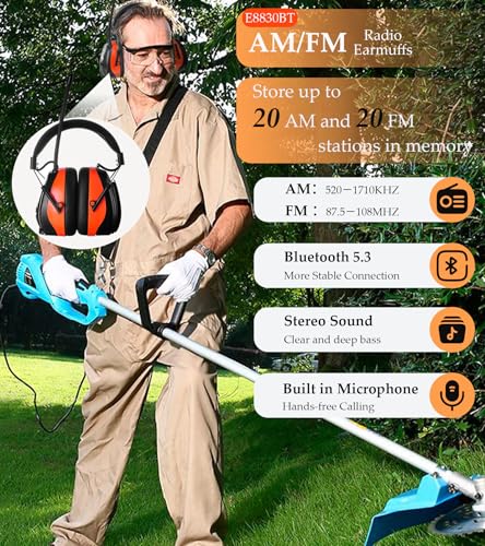 AM FM Radio Hearing Protection Earmuff, Bluetooth 5.4, 30SNR | Rechargeable Hearing Protectors with Gel Earpads, Headphones for Lawn Mowing, Construction, Chainsaw, Landscaping - color: Am/Fm+ Bluetooth-orange