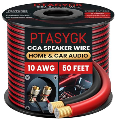 10 Gauge Speaker Wire 50ft 2-Conductor CCA Home & Car Audio | Speaker Cable for Clean Audio Transmission & 1ft Printed Marks, Red/Black Polarity, Flexible PVC for Wall & Car Audio - size: 50FT, style: 10GAUGE