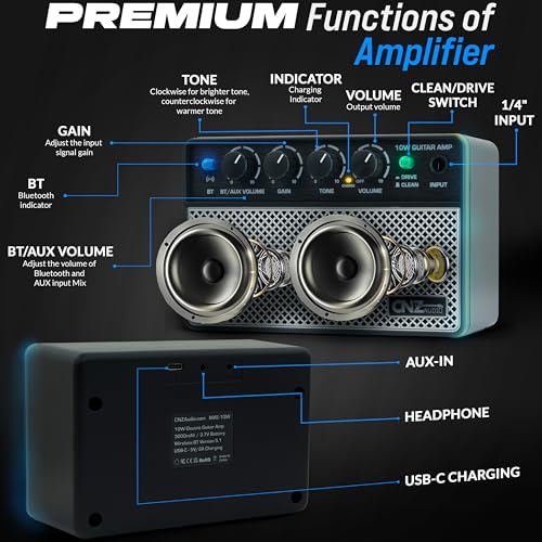 Rechargeable Wireless BT Mini Bass Guitar Amplifier 10 Watt Practice Amp 10,000Ah Battery, BT or Aux Input, Headphone Out, Clean, Gain, Tone & Volume Knobs, Dual Full Frequency Speakers