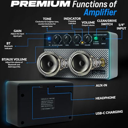 Rechargeable Wireless BT Mini Bass Guitar Amplifier 10 Watt Practice Amp 10,000Ah Battery, BT or Aux Input, Headphone Out, Clean, Gain, Tone & Volume Knobs, Dual Full Frequency Speakers