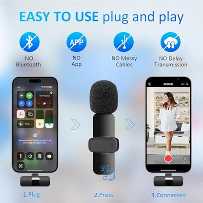 Wireless Lavalier Microphone for iPhone, ipad, Lapel Microphone for Video Recording, Clip on Wireless mic for Podcast, Interview, YouTube, Vlog, Tiktok, Live Streaming (2 Mics - Lightning, Black)