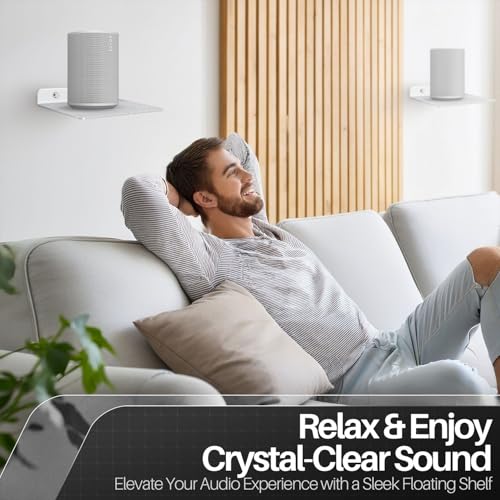 TNP Small Floating Speaker Shelf Wall Mount, Acrylic, 9 Inch, 2 Pack, White | For Cameras, Phones and Wi-Fi Routers with An Anti-Slip Pad and Built-In Cable Management - color: White, size: 9.3 x 4 x 1.2 Inches