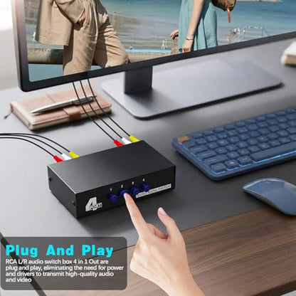 Poyiccot 4 Port Audio Receivers and Video Recivers, RCA Switcher 4 in 1 Out Composite Video L/R Audio Stereo Selector Box, Multi-Way AV Selector Switch Box for DVD, Game Consoles,Xbox, HDTV, 1Pack