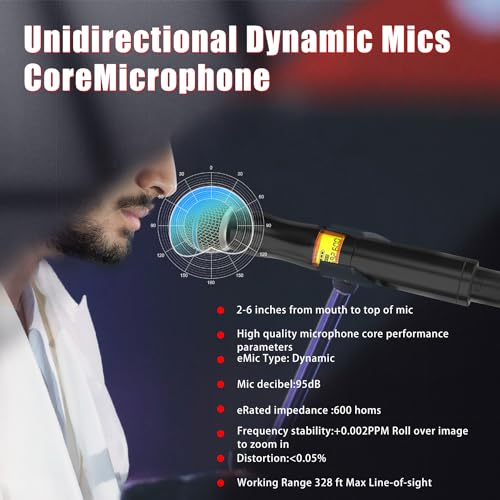 Wireless Microphone System, 4-Channel UHF Wireless Mic Set with 2 Handheld Mics, 2 Bodypack Mics, 328Ft Range, 4x60 Frequencies, Metal Cordless Microphone for Singing, Church, Karaoke