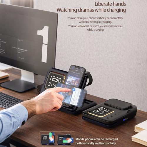 IHAO 5in1 Multi Functional Wireless Charging Station Digital Clock 15W Fast Charging Temperature Display Wireless Charger for All Qi Phone and TWS Headphone Compliant with Apple Watch-DH15 Black - color: 5in1 wireless Charger Station D15 Black