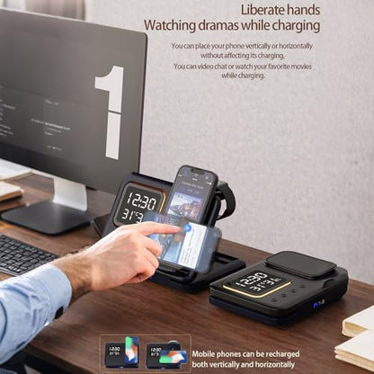 IHAO 5in1 Multi Functional Wireless Charging Station Digital Clock 15W Fast Charging Temperature Display Wireless Charger for All Qi Phone and TWS Headphone Compliant with Apple Watch-DH15 Black - color: 5in1 wireless Charger Station D15 Black