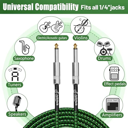 2-Pack 6.6 Feet Tweed braided 1/4 Inch TS Guitar Cables, Black & Green | Strain relief, Anti-kink, no signal loss, fit electric guitar, bass, amp - color: Green, size: 6.6ft