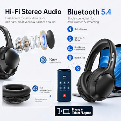 Bluetooth Headphones Wireless 68H with Mic,Decent Sound-Acceptable Black | Adjustable Headband Foldable Over-Ear Lightweight for Office/Travel/Tablet/iPad/Laptop,HD Stereo Sound,Aux 3.5mm,Black - color: Black