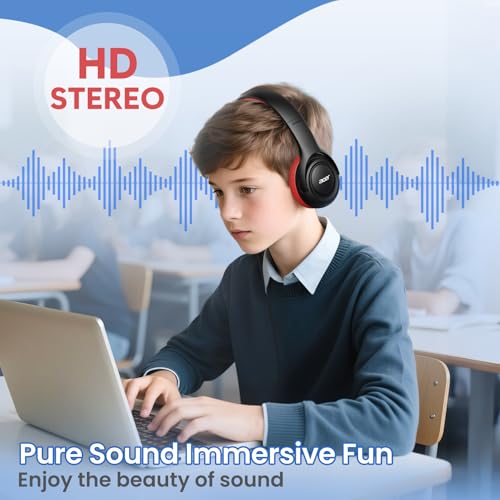 Acer Kids Headphones for School, 85-94dB Limiter, 3.5mm Jack, w/Mic HK03 | Foldable Wired Over Ear Headphones, for Toddler School/Tablet/iPad/PC/Travel, Black-Red - color: Black Red