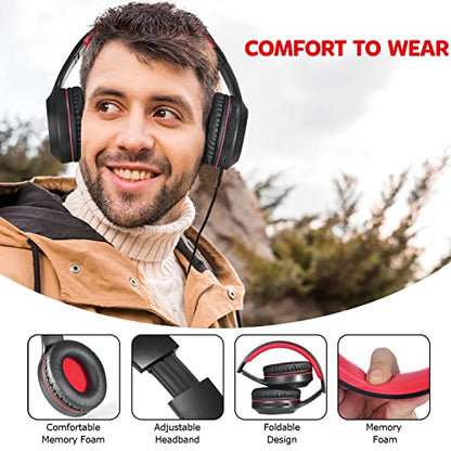 Rydohi Bluetooth Headphones Over Ear,68H Playtime and 3 EQ Music Modes Wireless Headphones with Microphone/Deep Bass, HiFi Stereo Foldable Lightweight Headset for PC Home Travel Office (Black Red) - color: Black Red