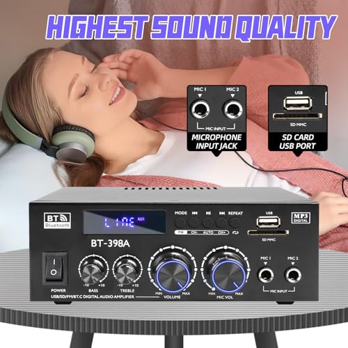 BT-398A Bluetooth 5.0 Stereo Receivers,2 Channel 450W Home Amplifier | 450Wx2 Stereo Receiver with FM Radio,USB/SD/AUX Optical & Coaxial Input for Passive Speakers