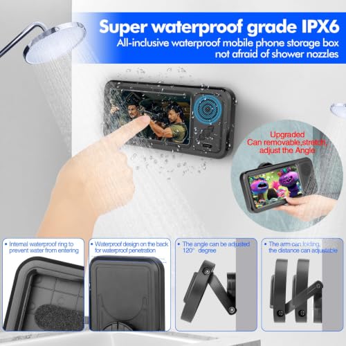Shower Phone Holder with Wireless Bluetooth Speaker, Waterproof 480 Rotation Viewable Shower Phone Stand Case Mount Speakers for Bathroom Wall Mirro for 4"- 6.8" Cell Phones ,Gift for Mom(Black) - color: Black