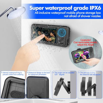 Shower Phone Holder with Wireless Bluetooth Speaker, Waterproof 480 Rotation Viewable Shower Phone Stand Case Mount Speakers for Bathroom Wall Mirro for 4"- 6.8" Cell Phones ,Gift for Mom(Black) - color: Black