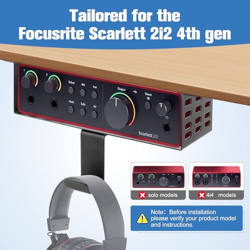 Metal Under Desk Mount for Focusrite Scarlett 2i2 4th Gen with Adjustable Headphone Hanger Stand, Metal Under Desk Mount for Audio Interfaces and Studio Gear (Only for Focusrite Scarlett 2i2 4th Gen)