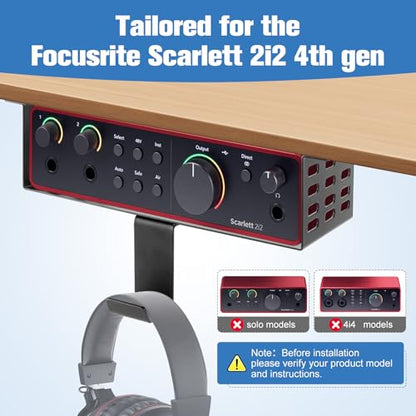 Metal Under Desk Mount for Focusrite Scarlett 2i2 4th Gen with Adjustable Headphone Hanger Stand, Metal Under Desk Mount for Audio Interfaces and Studio Gear (Only for Focusrite Scarlett 2i2 4th Gen)