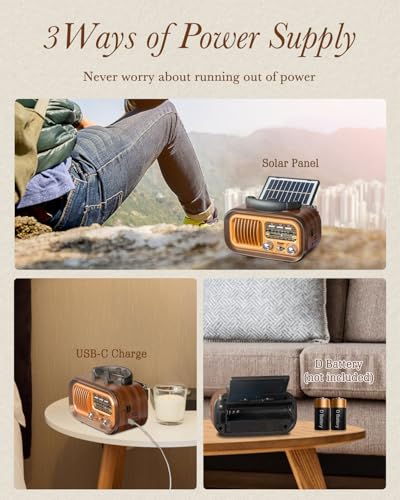 PRUNUS J-150 Portable Radio AM FM SW Bluetooth Speaker,TF Card/USB Playback | Retro Radios Vintage Transistor with Best Sound, Solar/D Battery Operated/USB Charging, TWS
