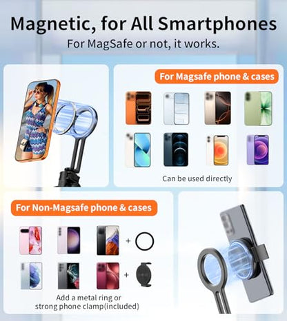 69" Magnetic Phone Tripod Stand Selfie Stick with Remote & Phone Mount | Portable Stand holder Rechargeable with Tripod Leg，360°Rotatable Travel Tripod Compatible for iPhone/Android/Magsafe