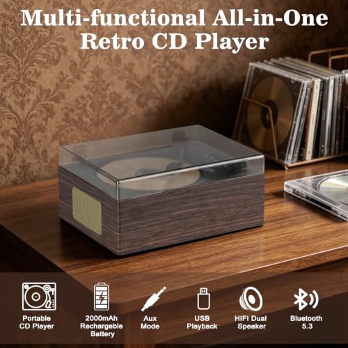 Walnut Wood Grain CD Player with Bluetooth 5.3 - Retro Desktop Music Player, Dual HI-FI Speakers, Remote Control, 2-Year Warranty for Home & Gift - color: Brown