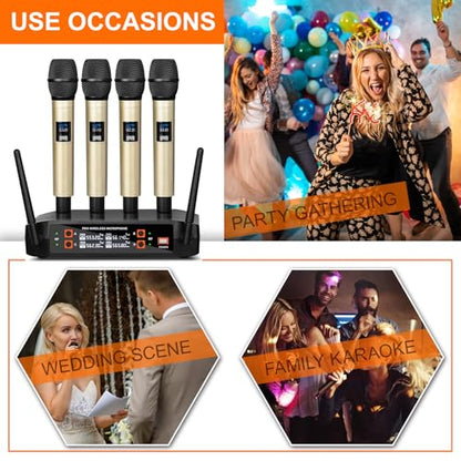 Depusheng DX4 Wireless Microphone with 4 Professional UHF Dynamic Mic Cordless Handheld Microphone System for Karaoke Singing Party Church Wedding PA Speaker