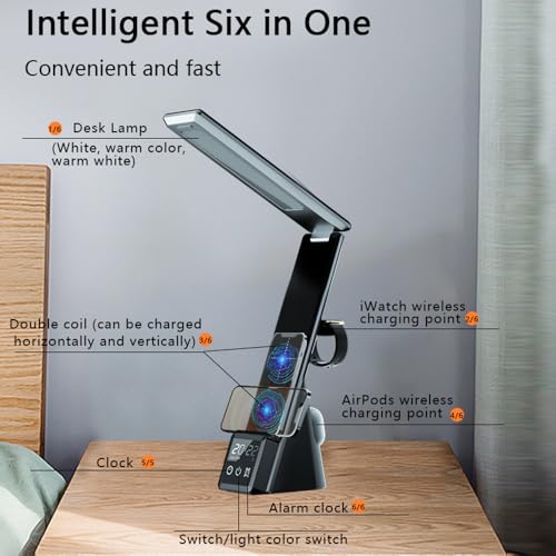 IHAO 6in1 Multifunctional Foldable LED Desk Lamp with Wireless Charger Digital Alarm Clock Eye-Care Lighting 3 Color Modes 15W Qi Charger for Phone/Headphones, Apple Watch Compatible-Black - color: Table Lamp Black