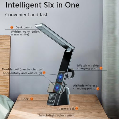 IHAO 6in1 Multifunctional Foldable LED Table Lamp with Wireless Charger Digital Alarm Clock Eye-Care Lighting 3 Color Modes 15W Qi Charger for Phone/Headphones, iWatch Charger Compatible-N61Black - color: Table Lamp N61 Black