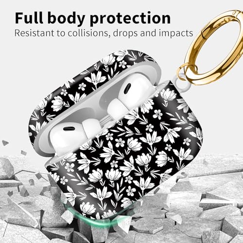 Compatible with Airpod pro 2nd/1st Generation Case Cover with Gold Round Keychain Cute Pattern Hard & Anti Slip Cover for Men Women & Girls（White Flower） - color: White Flower
