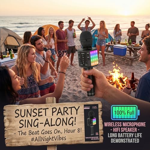 Bluetooth Karaoke Microphone for Party: 8H Playtime, 2H Fast Charge | No Battery Anxiety,Clear Sound,HiFi Sound,Led Lights,Perfect For House Party, Beach & Camping Party - color: Black2
