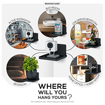 BRAINWAVZ Drill Free Wall Mount Shelf for Security Cameras, Baby Monitors, Speakers & More, Universal Holder, Strong Adheasive, Easy to Install, No Mess, Screwless (Black) - color: Black
