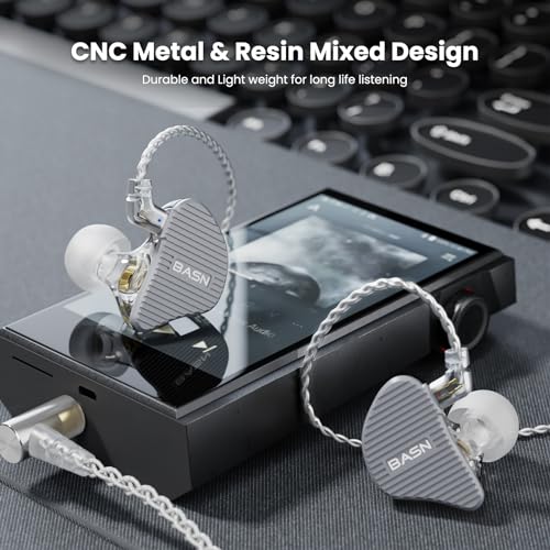 BASN Mix-PD in Ear Monitor,Planar Driver+Dynamic Driver 2-Pin Cable,Grey | Two Mixed Drivers IEM with CNC Crafted Metal Cover, Wired Detachable 0.78mm 2-Pin Silver Plated OFC Cable for Musicians - color: Grey