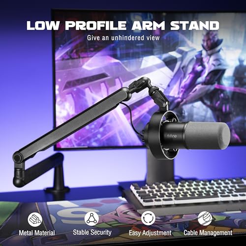 FIFINE Dynamic Microphone and Low Profile Arm Stand Set, XLR/USB Podcast Recording PC Mic for Vocal Streaming Bundle with Metal Boom Arm, Mute Button, Headphones Jack for Gaming Studio (K688+BM88)