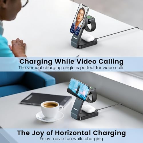 3-in-1 Wireless Charging Station for Apple Devices, 15W Wireless Charger for iPhone 17/16/15/14/13/12, Apple Watch, AirPods, Magnetic Foldable Fast Charger Apple Charging Station
