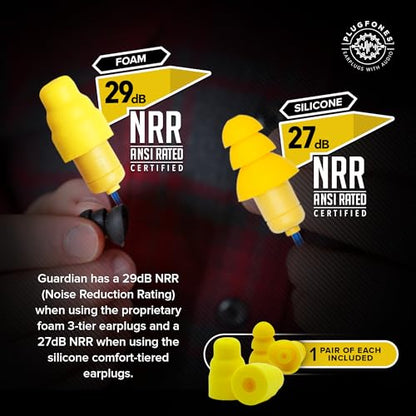 Plugfones Guardian Earplug Headphones - OSHA Approved Noise Isolating in-Ear Earbuds with Hearing Protection - Wired Hybrid for Work and Travel - Includes Silicone and Foam Earplugs - Blue & Yellow - color: Blue