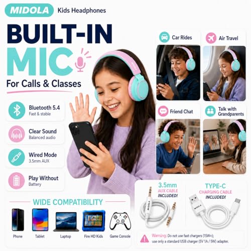 Kids Bluetooth Headphones Wireless 68 Hours,Safe Volume Limit 85/94dB | Adjustable Headband Foldable Over-Ear Lightweight Headsets for Toddler Girls Boys Tablet/iPad,HD Stereo,Built-in Mic,Cyan - color: Cyan