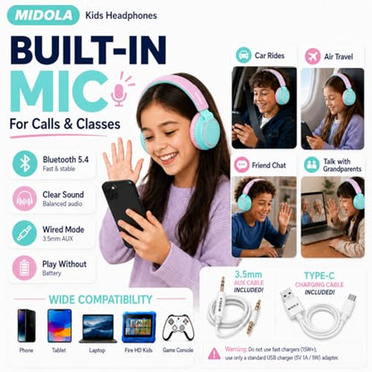 Kids Bluetooth Headphones Wireless 68 Hours,Safe Volume Limit 85/94dB | Adjustable Headband Foldable Over-Ear Lightweight Headsets for Toddler Girls Boys Tablet/iPad,HD Stereo,Built-in Mic,Cyan - color: Cyan